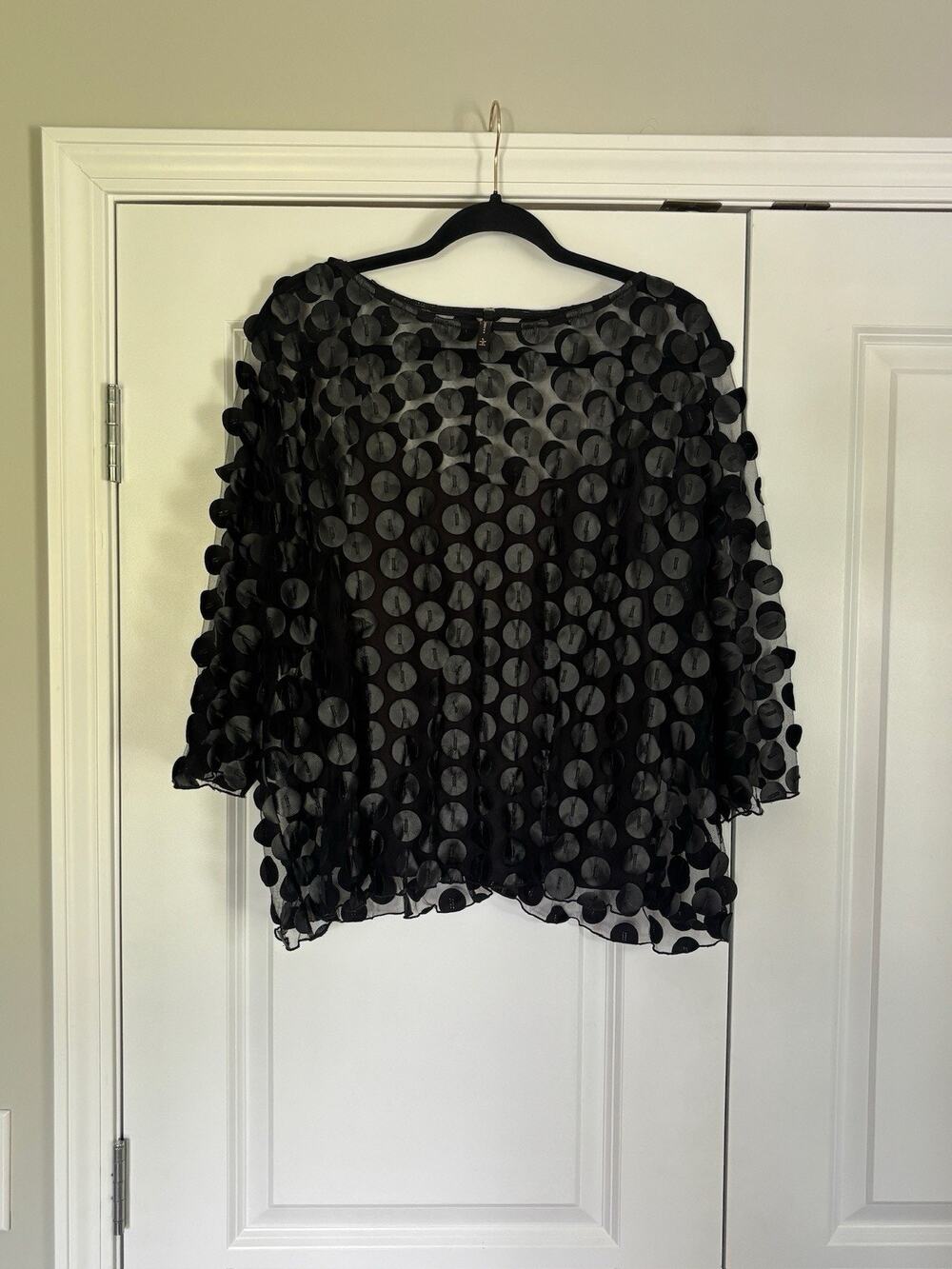 IC by Connie K Women's L Black Sheer Mesh Polka Dot 3/4 Sleeve Top